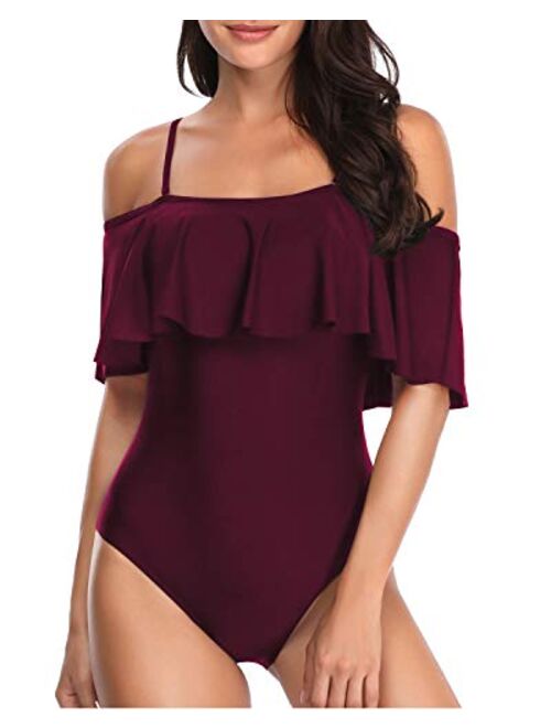 Tempt Me Women's One Piece Swimsuit Vintage Off Shoulder Ruffled Bathing Suits