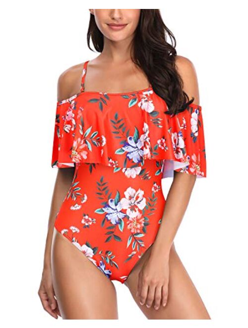 Tempt Me Women's One Piece Swimsuit Vintage Off Shoulder Ruffled Bathing Suits