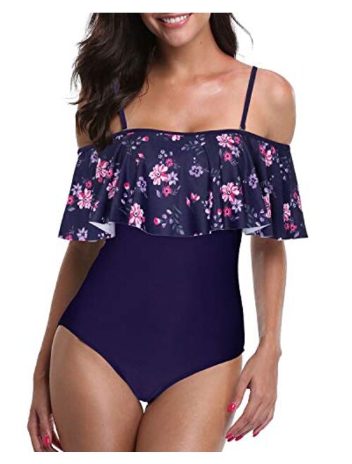 Tempt Me Women's One Piece Swimsuit Vintage Off Shoulder Ruffled Bathing Suits