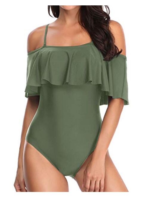 Tempt Me Women's One Piece Swimsuit Vintage Off Shoulder Ruffled Bathing Suits