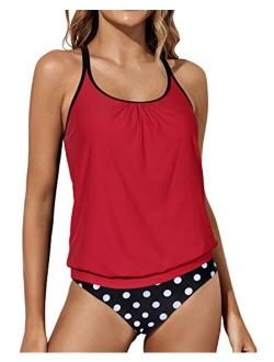 Women Blouson Tankini Loose Fit Sporty Scoop Neck Criss Cross Swimsuit