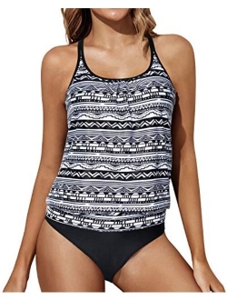 Women Blouson Tankini Loose Fit Sporty Scoop Neck Criss Cross Swimsuit