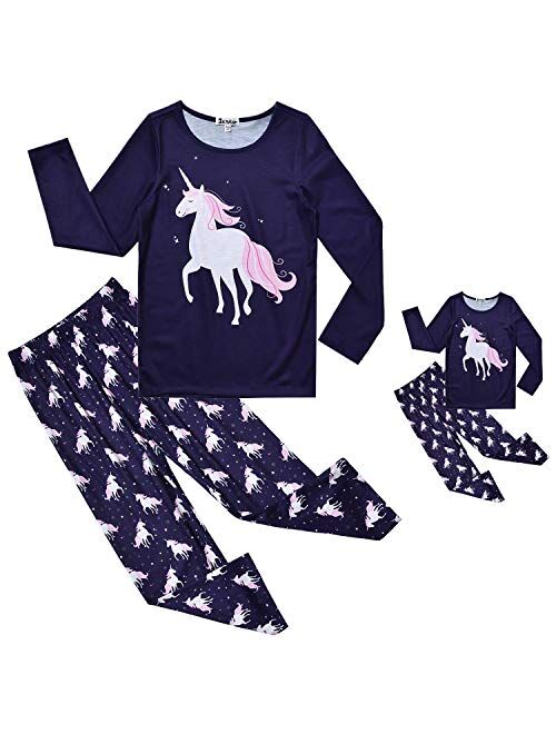 Jxstar Matching Dolls & Girls Pajamas Unicorn Pjs Set Kids Cotton Sleepwear Pyjama