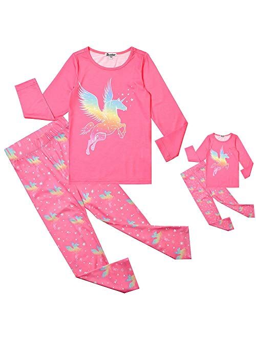 Jxstar Matching Dolls & Girls Pajamas Unicorn Pjs Set Kids Cotton Sleepwear Pyjama