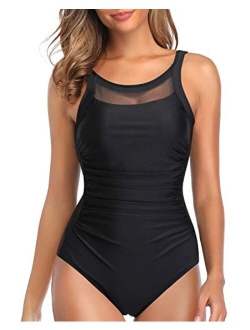 Women One Piece Mesh Swimsuits Vintage Tummy Control Bathing Suits