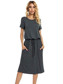 Simier Fariry Womens Adjustable Waist Line Midi Dress with Pockets