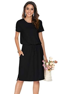 Simier Fariry Womens Adjustable Waist Line Midi Dress with Pockets