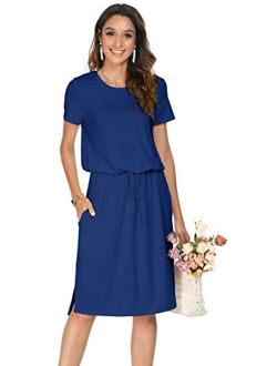 Simier Fariry Womens Adjustable Waist Line Midi Dress with Pockets