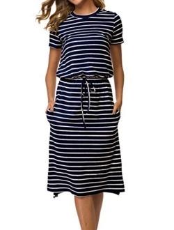 Simier Fariry Womens Adjustable Waist Line Midi Dress with Pockets