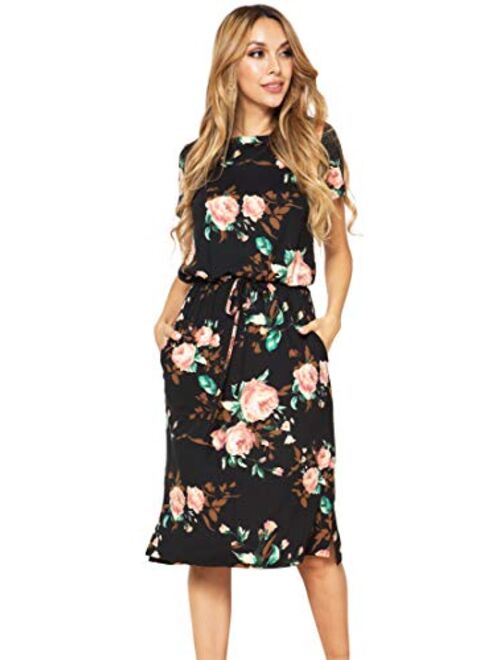 Simier Fariry Womens Adjustable Waist Line Midi Dress with Pockets