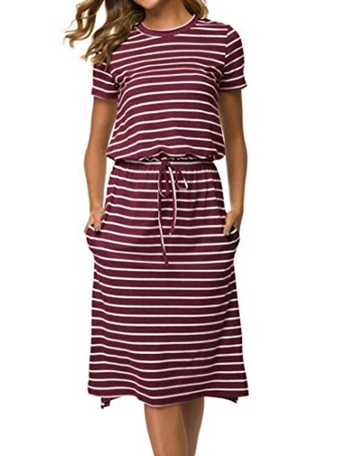 Simier Fariry Womens Adjustable Waist Line Midi Dress with Pockets