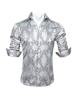 Barry.Wang Men Shirts,Paisley Flower Woven Silk Dress Shirt Long Sleeve Unique Design Formal/Leisure Wedding Party Prom