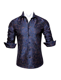 Barry.Wang Men Shirts,Paisley Flower Woven Silk Dress Shirt Long Sleeve Unique Design Formal/Leisure Wedding Party Prom