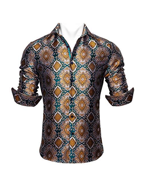 Barry.Wang Men Shirts,Paisley Flower Woven Silk Dress Shirt Long Sleeve Unique Design Formal/Leisure Wedding Party Prom