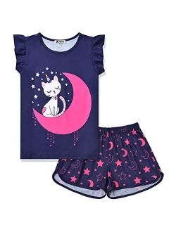 Girls Pajamas Sets Unicorn Pjs Flutter Sleeve Night Shirts for Kids