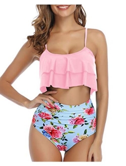 Women Ruffle High Waisted Bikini Two Piece Swimsuits Ruched Bathing Suit