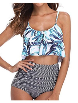 Women Ruffle High Waisted Bikini Two Piece Swimsuits Ruched Bathing Suit