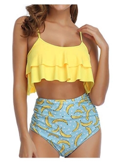 Women Ruffle High Waisted Bikini Two Piece Swimsuits Ruched Bathing Suit