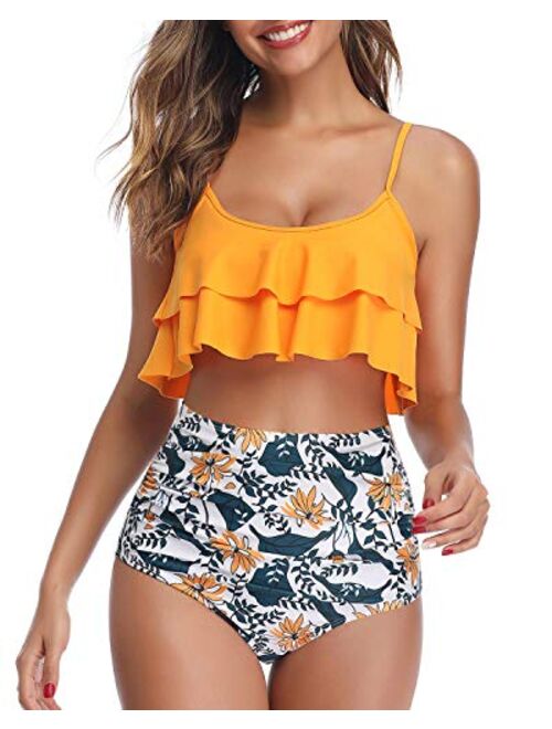 Tempt Me Women Ruffle High Waisted Bikini Two Piece Swimsuits Ruched Bathing Suit