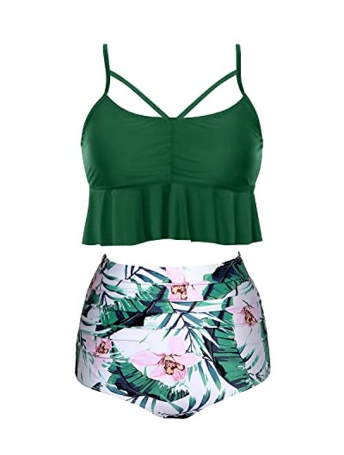 Tempt Me Women High Waisted Swimsuit Flounce Tummy Control Bikini Hollow Out Ruffle Bathing Suit