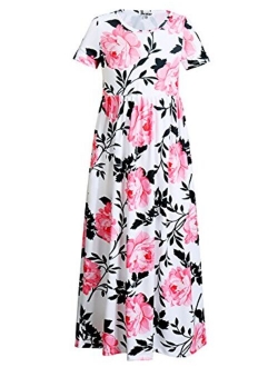 Girl Maxi Dress with Pockets Summer Floor Length Floral Sleeveless/Short Sleeve