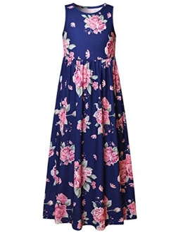 Girl Maxi Dress with Pockets Summer Floor Length Floral Sleeveless/Short Sleeve