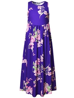 Girl Maxi Dress with Pockets Summer Floor Length Floral Sleeveless/Short Sleeve