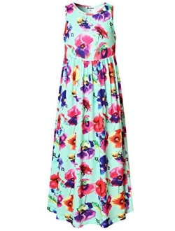 Girl Maxi Dress with Pockets Summer Floor Length Floral Sleeveless/Short Sleeve