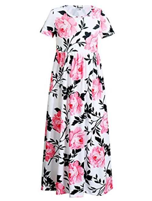 Jxstar Girl Maxi Dress with Pockets Summer Floor Length Floral Sleeveless/Short Sleeve