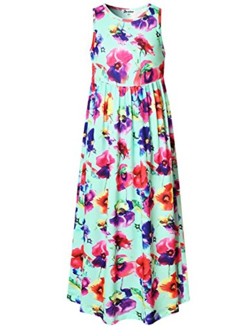 Jxstar Girl Maxi Dress with Pockets Summer Floor Length Floral Sleeveless/Short Sleeve