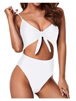 Cutout One Piece Swimsuit for Women High Cut V Neck Tie Knot Front Backless Bathing Suit