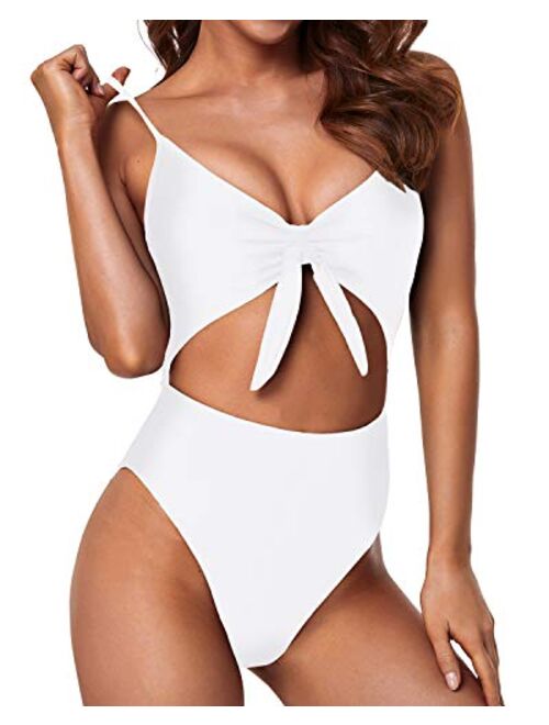 Tempt Me Cutout One Piece Swimsuit for Women High Cut V Neck Tie Knot Front Backless Bathing Suit