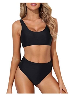 Women Scoop Neck Bikini Crop Top High Cut Two Piece Swimsuit Sporty High Waisted Bathing Suit