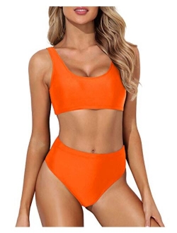 Women Scoop Neck Bikini Crop Top High Cut Two Piece Swimsuit Sporty High Waisted Bathing Suit