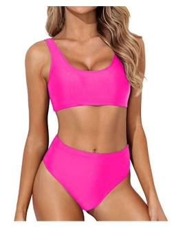 Women Scoop Neck Bikini Crop Top High Cut Two Piece Swimsuit Sporty High Waisted Bathing Suit