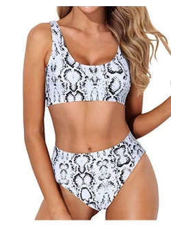 Women Scoop Neck Bikini Crop Top High Cut Two Piece Swimsuit Sporty High Waisted Bathing Suit