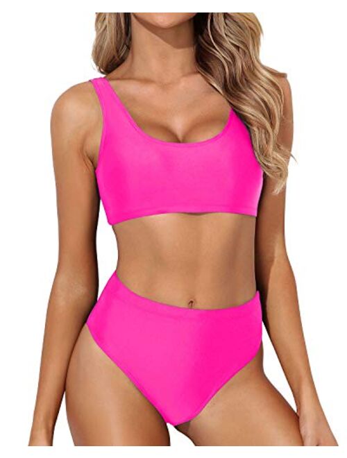 Tempt Me Women Scoop Neck Bikini Crop Top High Cut Two Piece Swimsuit Sporty High Waisted Bathing Suit