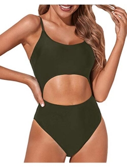 Women Cutout One Piece Swimsuit Lace Up Scoop Neck High Cut Strappy Bathing Suit