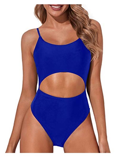 Tempt Me Women Cutout One Piece Swimsuit Lace Up Scoop Neck High Cut Strappy Bathing Suit