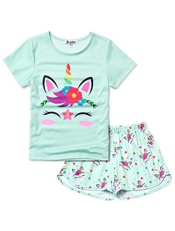 Pajamas for Girls Unicorn Face Pjs Sets Short Sleeve Sleep Night Shirts Clothes