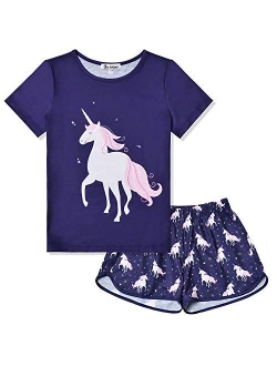 Pajamas for Girls Unicorn Face Pjs Sets Short Sleeve Sleep Night Shirts Clothes