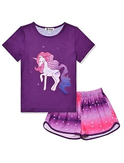 Pajamas for Girls Unicorn Face Pjs Sets Short Sleeve Sleep Night Shirts Clothes
