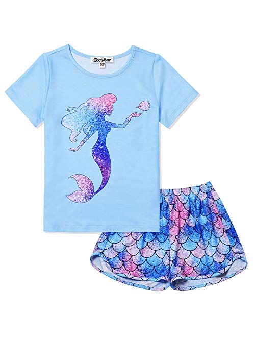 Jxstar Pajamas for Girls Unicorn Face Pjs Sets Short Sleeve Sleep Night Shirts Clothes