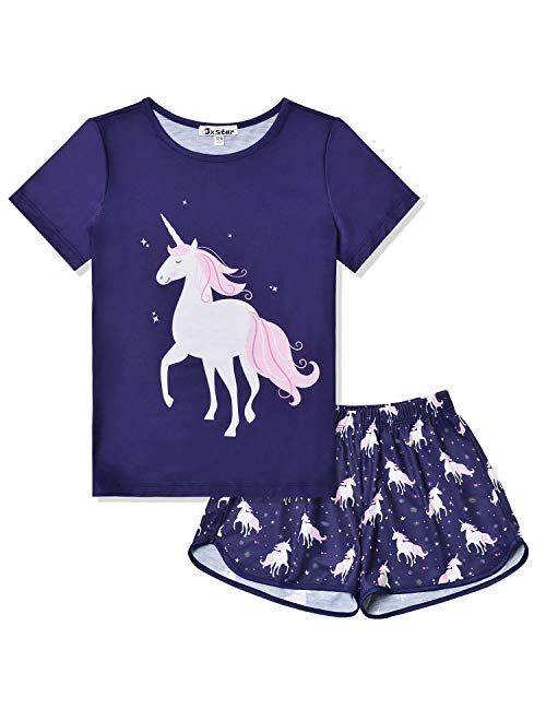 Jxstar Pajamas for Girls Unicorn Face Pjs Sets Short Sleeve Sleep Night Shirts Clothes