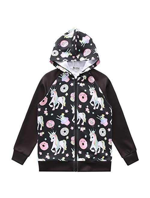 Jxstar Girls Raglan Hoodie Zip Up Jacket Unicorn Cat Sweatshirt with Pockets