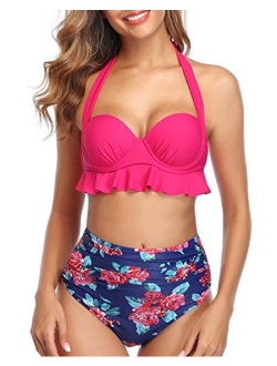 Women Two Piece Push Up Swimsuits High Waisted Bikini Ruffle Halter Retro Bathing Suits