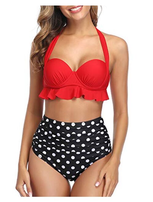 Tempt Me Women Two Piece Push Up Swimsuits High Waisted Bikini Ruffle Halter Retro Bathing Suits