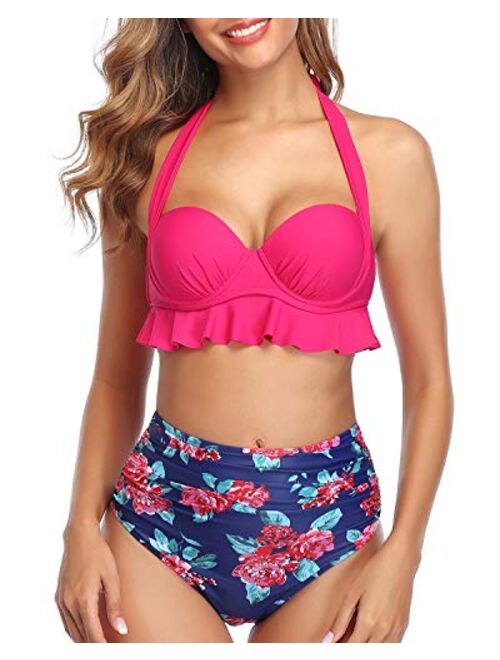 Tempt Me Women Two Piece Push Up Swimsuits High Waisted Bikini Ruffle Halter Retro Bathing Suits