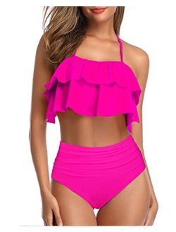 Women Two Piece Swimsuits High Waisted Bikini Ruffle Flounce Halter Bathing Suit