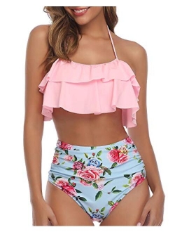 Women Two Piece Swimsuits High Waisted Bikini Ruffle Flounce Halter Bathing Suit